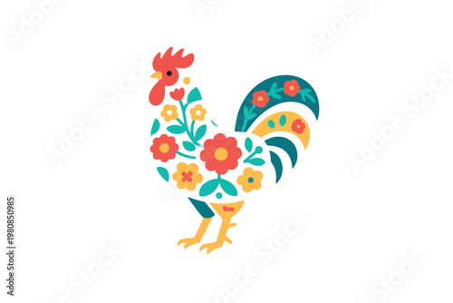 Rooster with Flower Decoration Illustration Creative Design Template 
