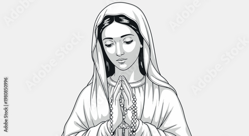 A serene black and white line art illustration of the Virgin Mary praying with a holy rosary, symbolizing faith and devotion.