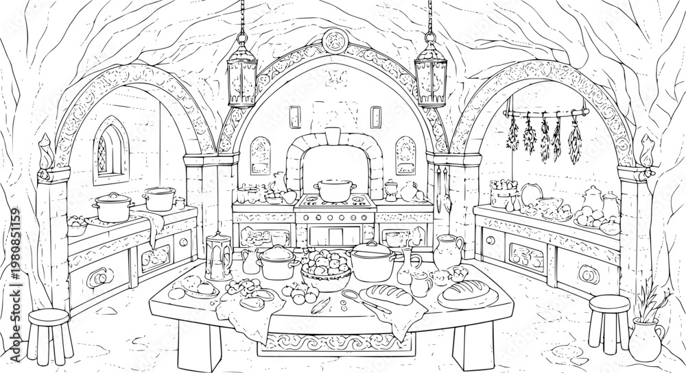 Fototapeta premium Magical fairy tale underground cave kitchen coloring page medieval fantasy line art illustration