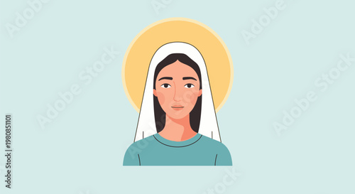 A serene flat vector portrait of the Virgin Mary with a halo, symbolizing peace, faith, and spirituality in a modern minimalist style.