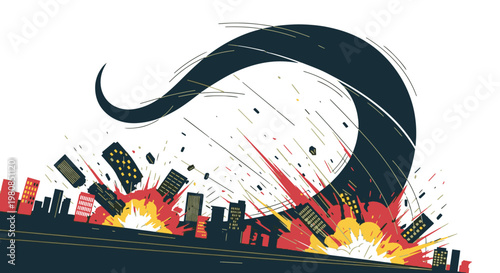 A stylized graphic depicting an explosive disaster in a city, featuring falling skyscrapers and a massive sweeping force.
