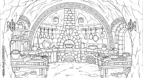 Fairy tale underground medieval cave kitchen coloring page vector line art illustration