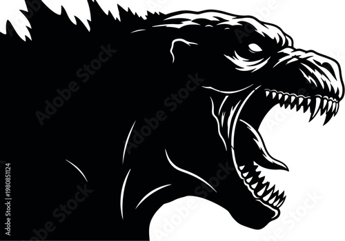 A powerful black and white vector illustration of a ferocious roaring monster, perfect for bold graphic designs and apparel.