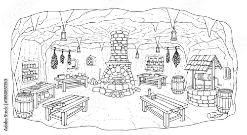 Underground medieval cave kitchen coloring page with fantasy interior and cooking tools line art