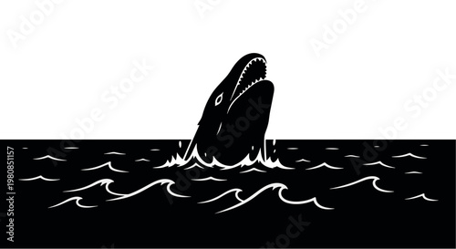 A striking black and white woodcut-style illustration of a predatory sea creature emerging from ocean waves.