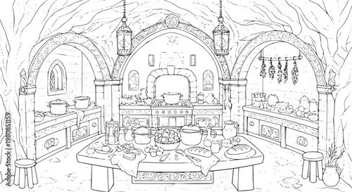 Magical fairy tale underground cave kitchen coloring page medieval fantasy line art illustration