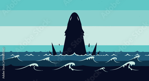 A striking flat vector illustration of a mysterious sea monster or whale breaching stylized ocean waves against a striped blue background.