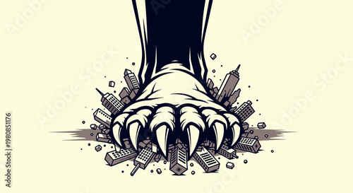 A powerful graphic illustration of a massive monster's clawed foot stomping on a city, symbolizing total destruction and overwhelming force.