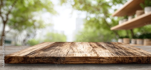 Empty rustic wooden table surface with blurred green outdoor background and shelves