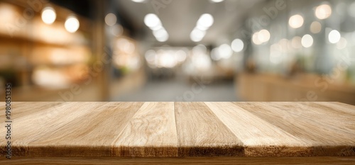 A light wooden table surface in the foreground with a blurred indoor background