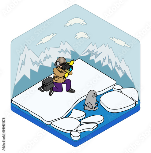 流氷の上でアザラシを撮影するカメラマンのアイソメトリックイラスト