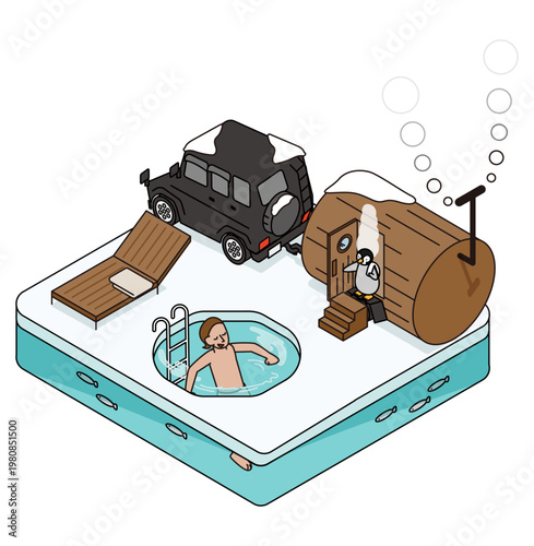 サウナの後に湖へ飛び込む様子を描いたアイソメトリックイラスト