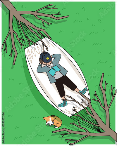 木陰のハンモックでくつろぐ人物のイラスト