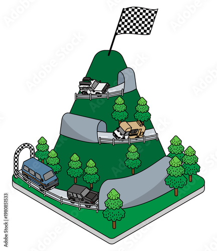 山道を走って頂上を目指すオフロード車のアイソメトリックイラスト