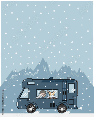 雪道を走るキャンピングカーと犬の冬のドライブイラスト