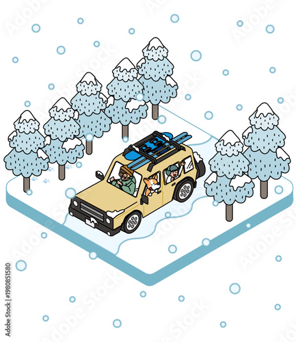 雪道を走るスキー板を積んだ車と犬の冬のイラスト