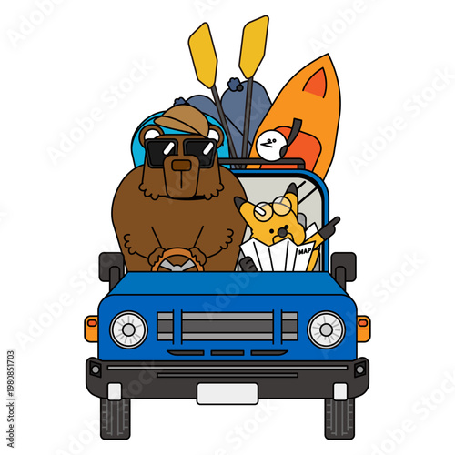 アウトドア装備を積んだ車に乗るクマとキツネのイラスト素材