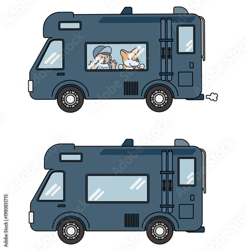 犬と人物が乗ったキャンピングカーのシンプルなイラスト素材