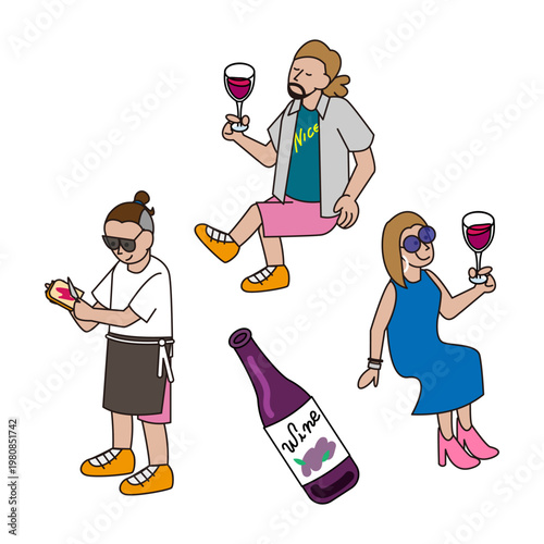 ワインを楽しむ人物セット 手描き風の大人イラスト素材