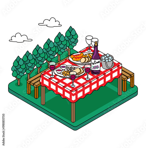 森の中のピクニックテーブルと食事 手描き風アイソメトリックイラスト素材