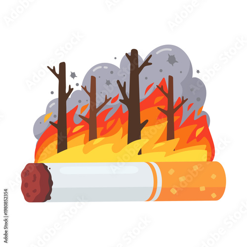 Cigarette Ignites Forest Fire Harmful Impact on Environment and Ecosystems Illustration