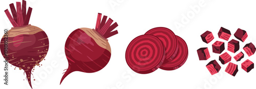 Beetroot Vector Set with Whole and Sliced Red Beets and Beetroot Cubes Isolated on White Background for Healthy Cooking and Organic Farming Designs