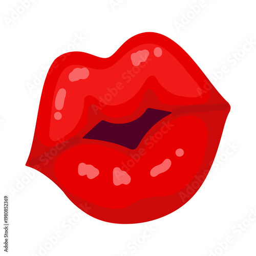 Red Luscious Lips Cartoon Illustration Glossy, Bold, and Vibrant in Color on White Background
