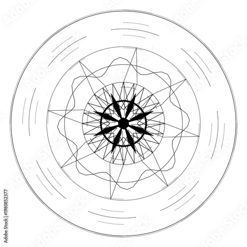 Black and White Sacred Geometry Mandala with Compass Rose Element