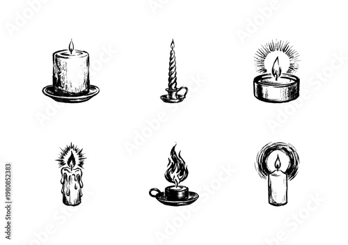 Scented Wax Candles and Burning Tapers for Relaxation and Celebration with Hand-Drawn Inky Doodle and Organic Textures