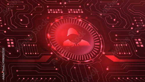 Εκτύπωση καμβά A dynamic representation of cybersecurity, featuring a red digital circuit board with a central ominous icon symbolizing threat detection and network protection
