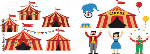 Cartoon Circus Set with Tents, Elephants, Clowns, Performers, and Colorful Decorations for Use in Digital Media, Apps, and Event Illustrations