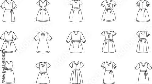 Black and white of twelve different women's dresses and tops women's fashion blouses shirts