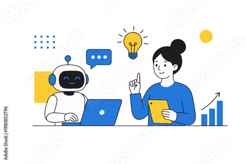 Modern AI Collaboration Concept with Human and Robot, Flat Minimal Vector Illustration