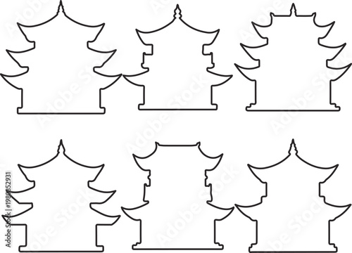 Black silhouettes of pagoda structures on white background
