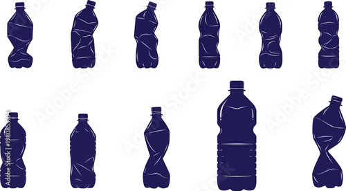 Blue crushed plastic bottle silhouettes for recycling and ecology