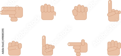 A collection of simple flat design hand gesture icons on a white background, showing different positions like pointing, fists, and index finger up.