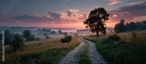 A winding dirt road leads through a field at sunrise/sunset