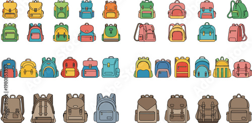Set of Cartoon Backpacks in Different Styles, Colors, and Patterns Featuring School Bags, Travel Backpacks, and Casual Bags for Use in Digital Media, Fashion, and Lifestyle Illustrations