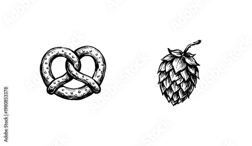 Craft Beer Brewery and Oktoberfest Elements with Vintage Inky Brush Strokes and Hand-Drawn Sketchy Style