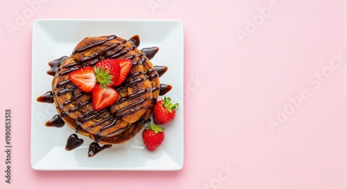 Delicious chocolate waffle with strawberries.