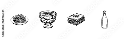 Italian Cuisine Culinary Elements and Traditional Food Dishes with Hand-Drawn Inky Doodle and Organic Calligraphic Flourish Aesthetic