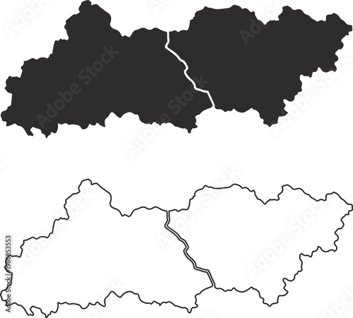 Two silhouettes of black and white map shapes