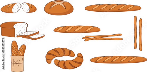 Set of Cartoon Bread Types Including Loafs, Baguettes, Croissants, and Breadsticks with Different Shapes and Cuts for Use in Digital Media and Food Illustrations