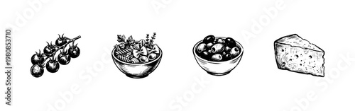 Italian Cuisine Ingredients and Mediterranean Food Elements with Hand-Drawn Engraving Style and Organic Sketchy Textures