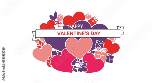 A heart-filled Valentine's Day greeting, featuring hearts, gifts, and a ribbon banner