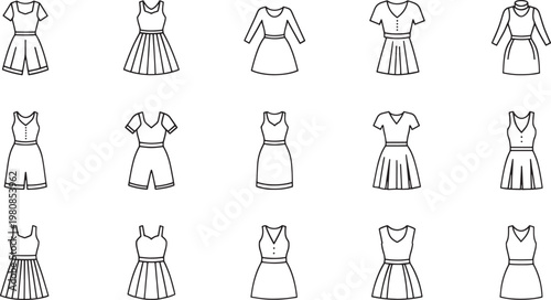 Black and white of women in various dresses and poses fashion figures gowns