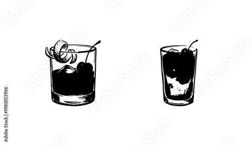 Classic Alcoholic Cocktails and Refreshing Summer Drinks with Fluid Engraving Style and Hand-Drawn Sketchy Aesthetic