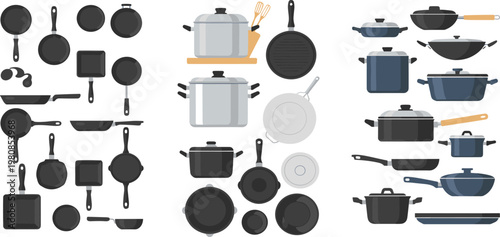 Set of Cartoon Cooking Utensils and Kitchenware Including Pots, Pans, Woks, Frying Pans, and Cooking Tools for Use in Digital Media, Cooking Illustrations, and Culinary Designs