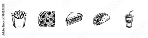 Fast Food and Takeaway Menu Items with Hand-Drawn Chalkboard Style and Inky Brush Strokes
