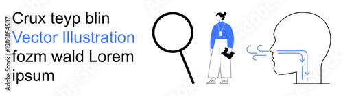 Medical research, analysis, diagnostics, breathing science, health education, and workplace studies. A woman with a clipboard, a magnifying glass and a human breathing system diagram. Medical